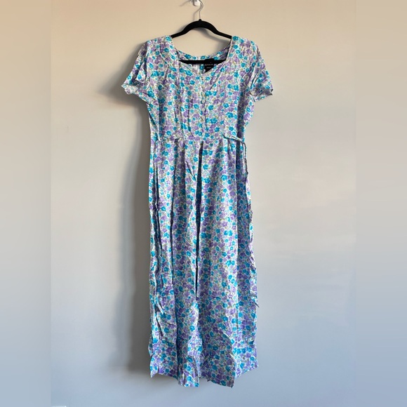 Vintage 90s Erika Purple Blue Floral Sweetheart Cottagecore Spring Maxi Dress - Picture 1 of 5